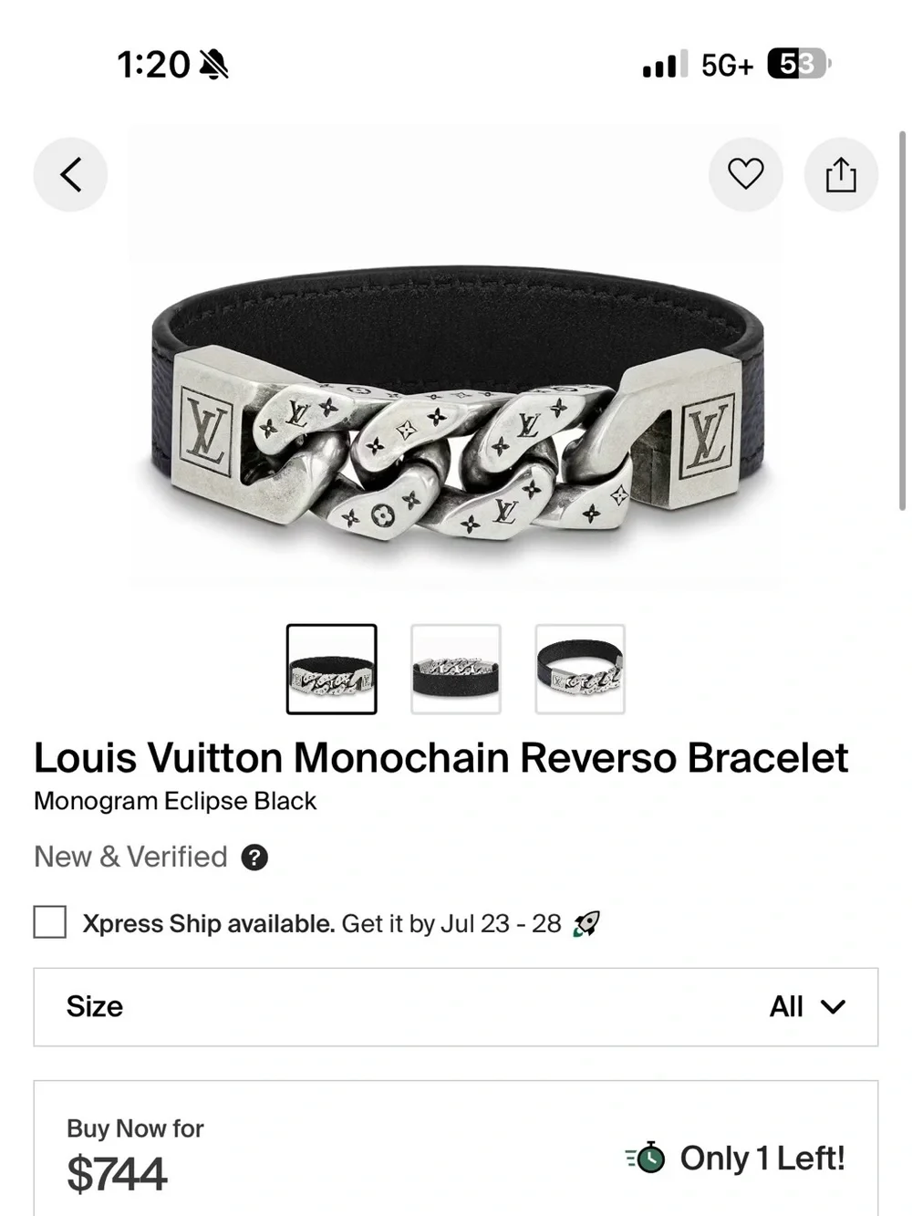 Louis Vuitton Black Leather Bracelet with Silver-Tone Chain and LV Clasp
